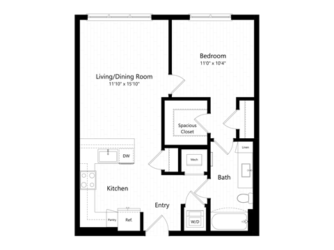 Floor plan for 1 bed, 1 bath, 708 sqft